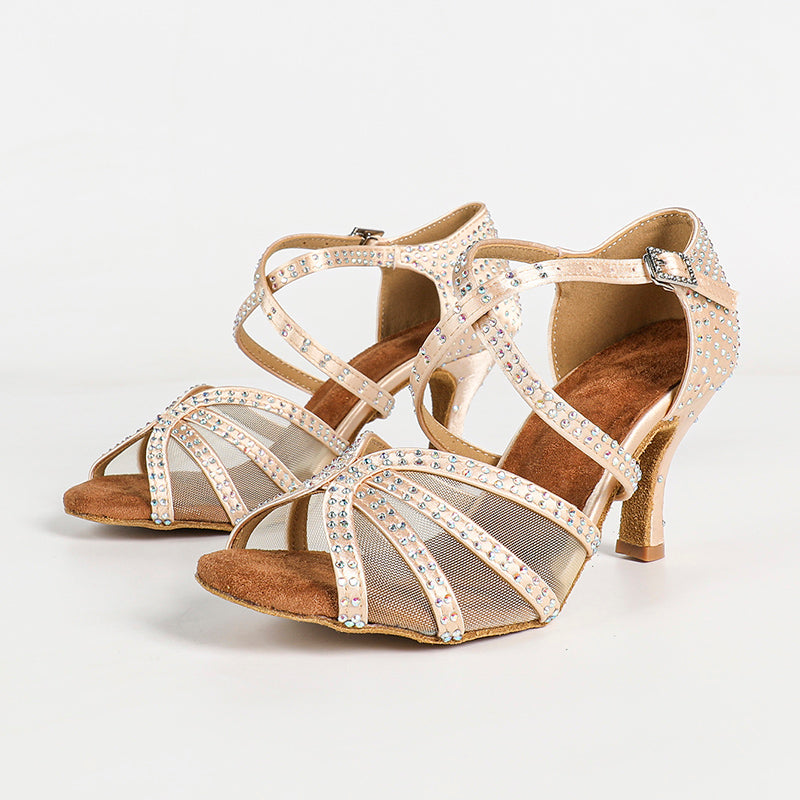 Women's Light Brown Customized Heel Strappy Satin Rhinestones Sandal Dance Shoes