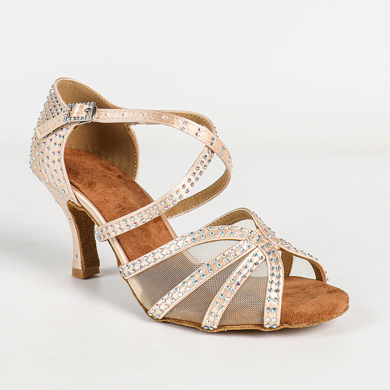 Women's Light Brown Customized Heel Strappy Satin Rhinestones Sandal Dance Shoes