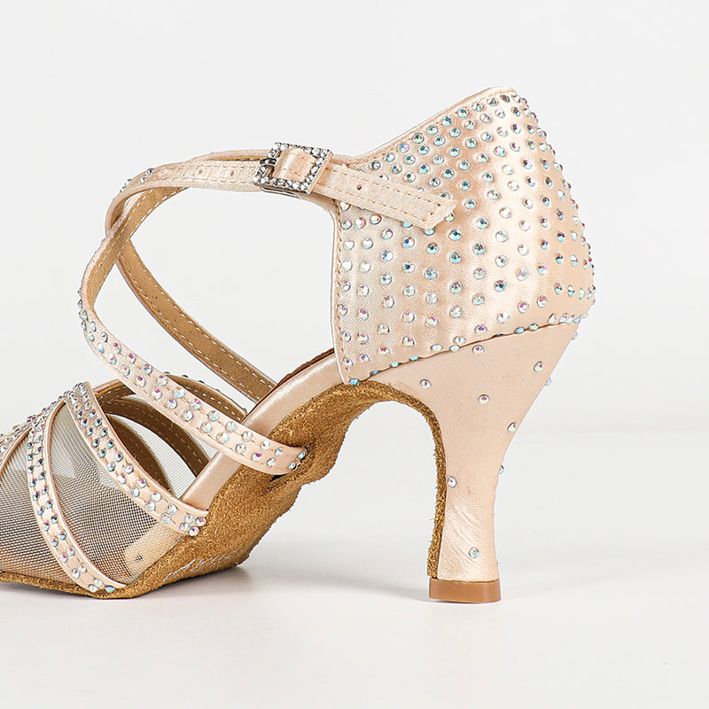 Women's Light Brown Customized Heel Strappy Satin Rhinestones Sandal Dance Shoes