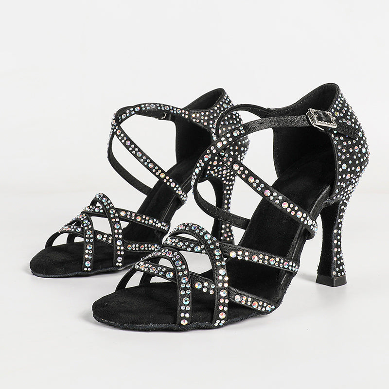 Women's Black Satin Rhinestone Customized Heels Ballroom Latin Dance Shoes