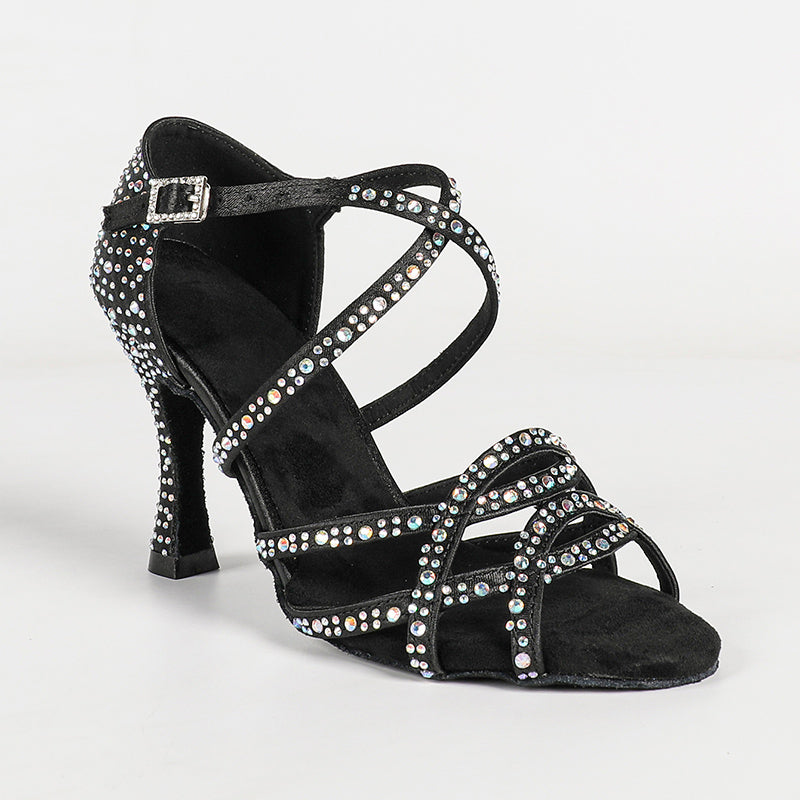Women's Black Satin Rhinestone Customized Heels Ballroom Latin Dance Shoes