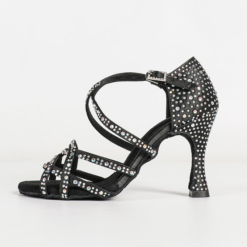 Women's Black Satin Rhinestone Customized Heels Ballroom Latin Dance Shoes
