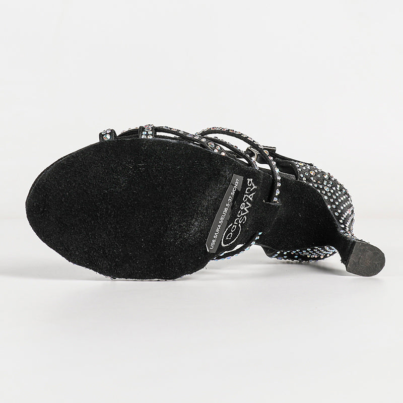 Women's Black Satin Rhinestone Customized Heels Ballroom Latin Dance Shoes