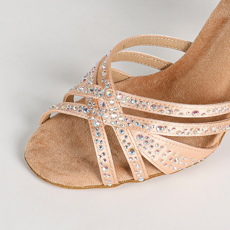 DS Women's Beige Silk Satin Rhinestones Strappy Latin Dance Shoes Customized Heel