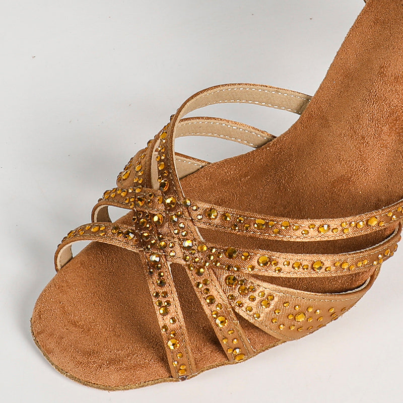 DS Women's Brown Silk Satin Rhinestones Strappy Latin Dance Shoes Customized Heel