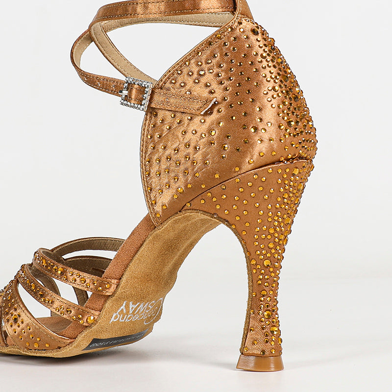DS Women's Brown Silk Satin Rhinestones Strappy Latin Dance Shoes Customized Heel