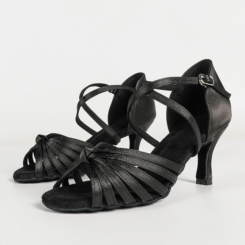 Women's Black Customized Heel Strappy Knot Dance Shoes Ballroom Latin Dance Shoes