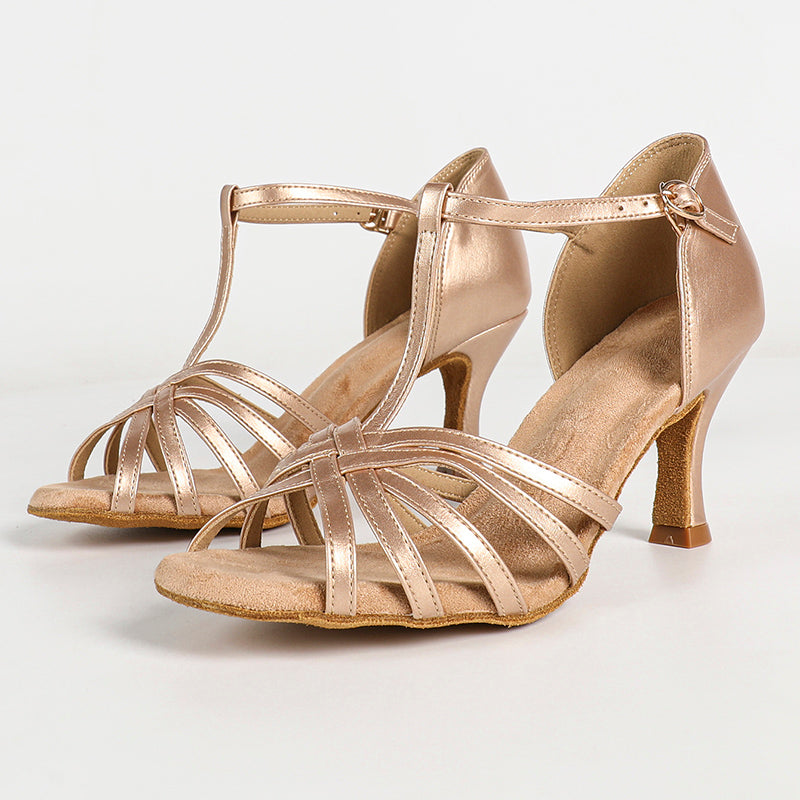 Women's Champagne Leatherette Customized Heel T-Strap Latin Dance Shoes Ballroom Dance Shoes