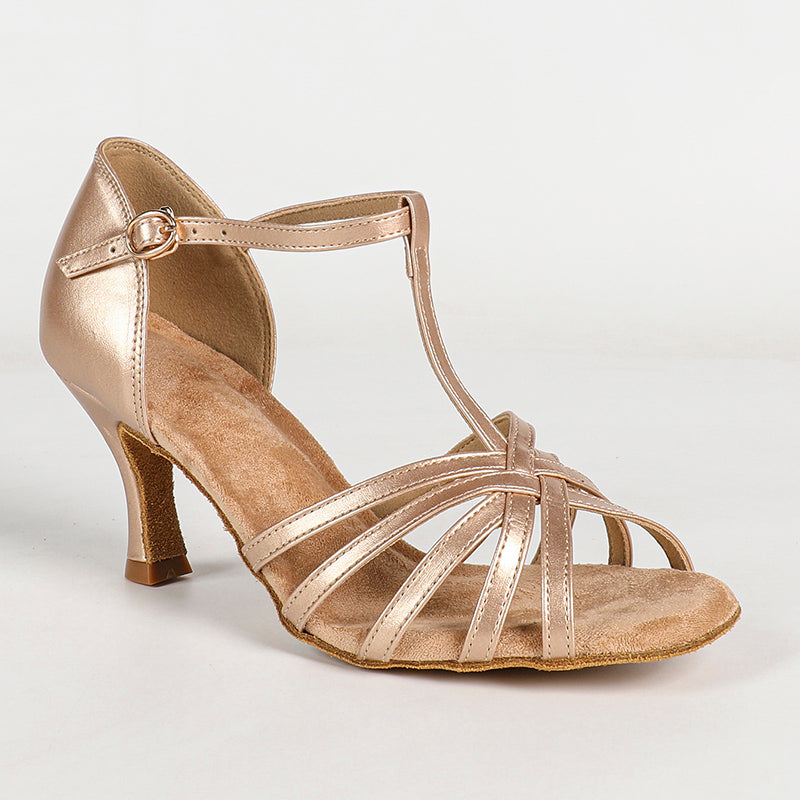 Women's Champagne Leatherette Customized Heel T-Strap Latin Dance Shoes Ballroom Dance Shoes
