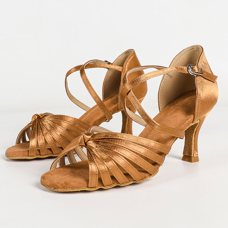 Women's Brown Satin Customized Heel Strappy Ballroom Dance Shoes Latin Dance Shoes