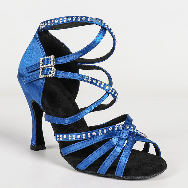 HW Women's Blue Customized Heel Strappy Satin Rhinestones Dance Heels Latin Dance Shoes