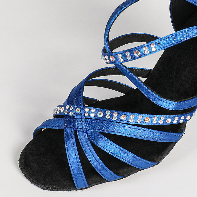 HW Women's Blue Customized Heel Strappy Satin Rhinestones Dance Heels Latin Dance Shoes