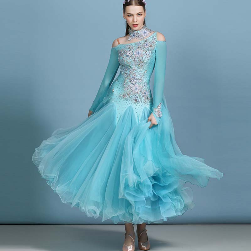 Women's Rhinestones Blue Modern Waltz Dress Ballroom Dance Dress Swing Dress Competition Dress