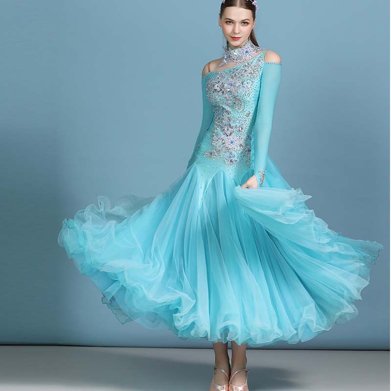 Women's Rhinestones Blue Modern Waltz Dress Ballroom Dance Dress Swing Dress Competition Dress