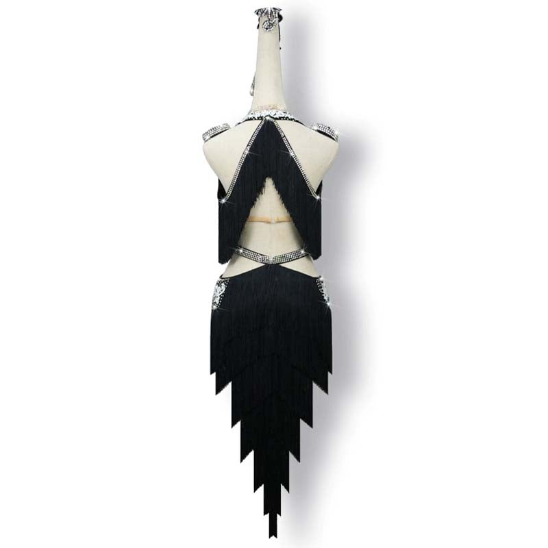 Customisable-Women's Black Tassel Latin Dance Dress Professional Dance Stage Performance Wear