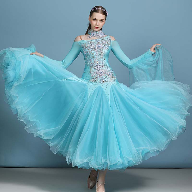 Women's Rhinestones Blue Modern Waltz Dress Ballroom Dance Dress Swing Dress Competition Dress