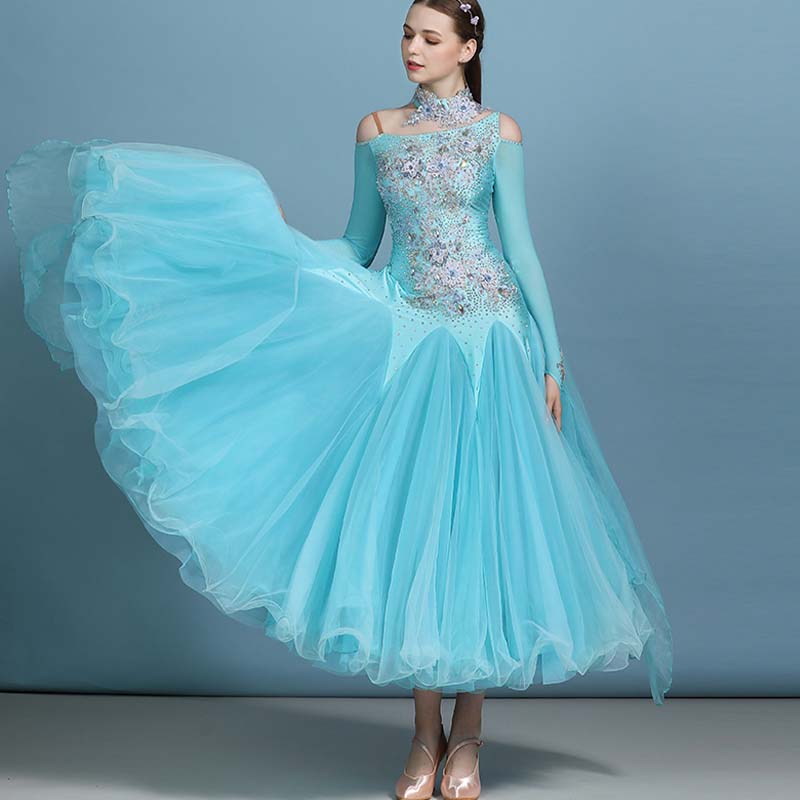 Women's Rhinestones Blue Modern Waltz Dress Ballroom Dance Dress Swing Dress Competition Dress