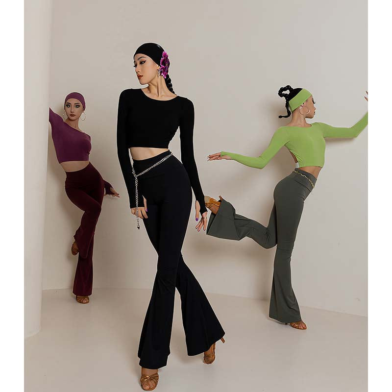 YES Women's Black High Waist Pants Latin Dance Wear Training Performance Pants