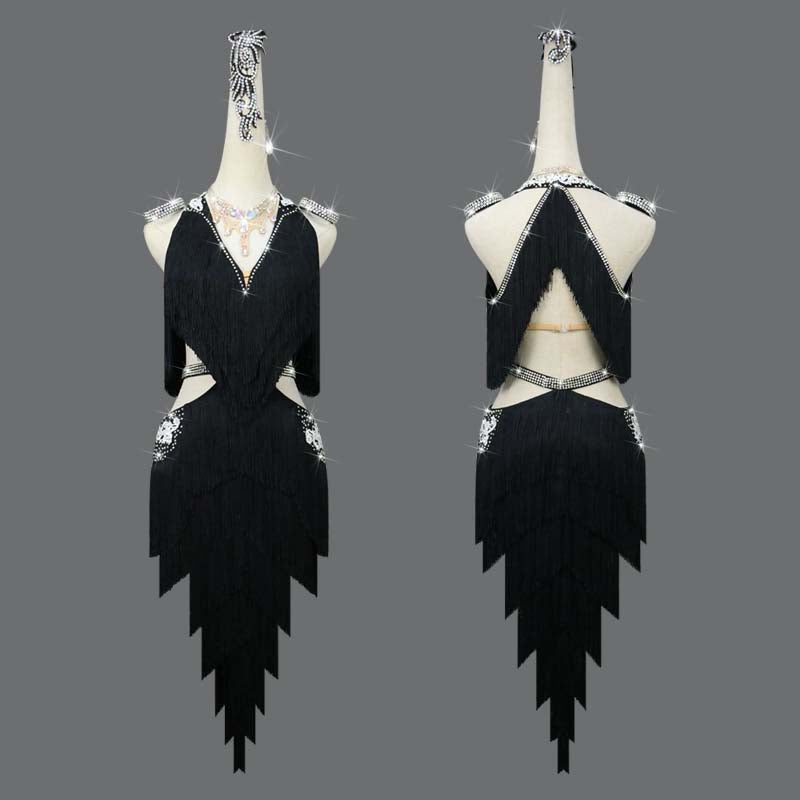 Customisable-Women's Black Tassel Latin Dance Dress Professional Dance Stage Performance Wear