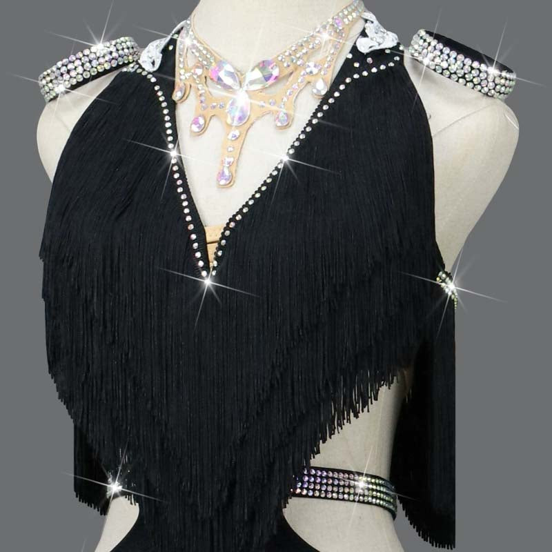 Customisable-Women's Black Tassel Latin Dance Dress Professional Dance Stage Performance Wear