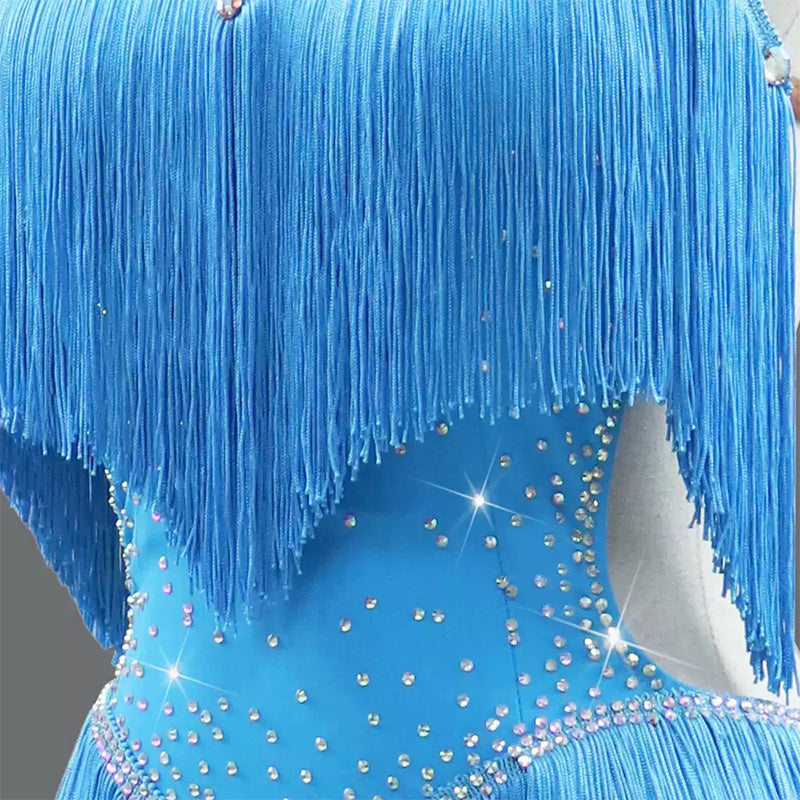 Customisable-Women's Light Blue Tassel Latin Dance Dress Professional Dance Stage Performance Wear