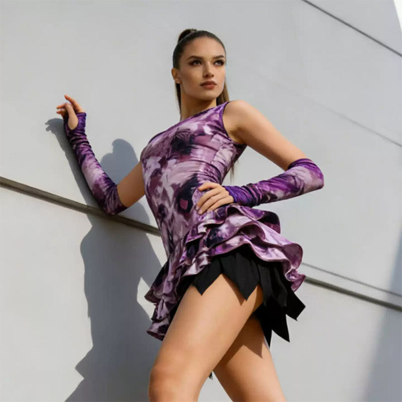 YJFY Women's Purple Backless Latin Dance Dress Dance Wear Training Performance Dress (With Arm Warmers)
