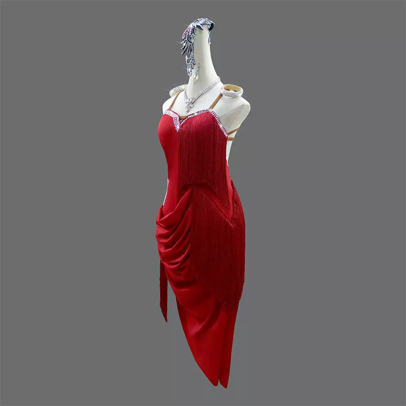 Customisable-Women's Red Tassel Latin Dance Dress Professional Dance Stage Performance Wear