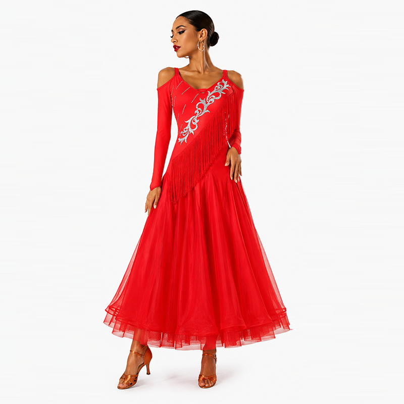 Customisable-Women's Long Sleeve Red Tassel Modern Dance Performance Dress Ballroom Dance Dress