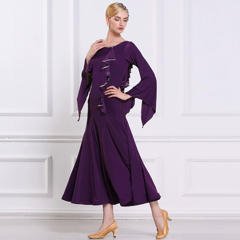 YUN Customisable-Women's Long sleeve Diamonds Waltz Modern Ballroom Dance Dress