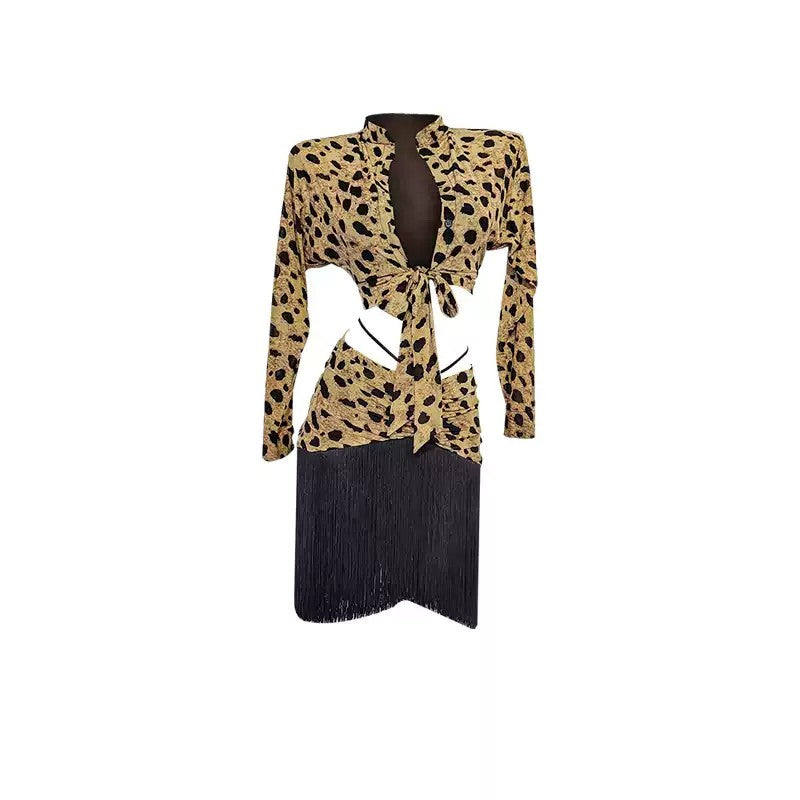 YJFY Women's Leopard Tassel Latin Dance Sets Dance Wear Training Performance Dress Sets (With Bra)