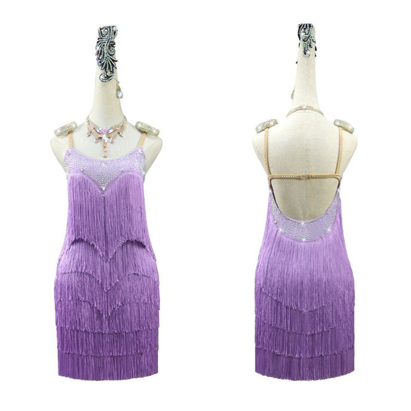 Customisable-Women's Purple Tassel Latin Dance Dress Professional Dance Stage Performance Wear