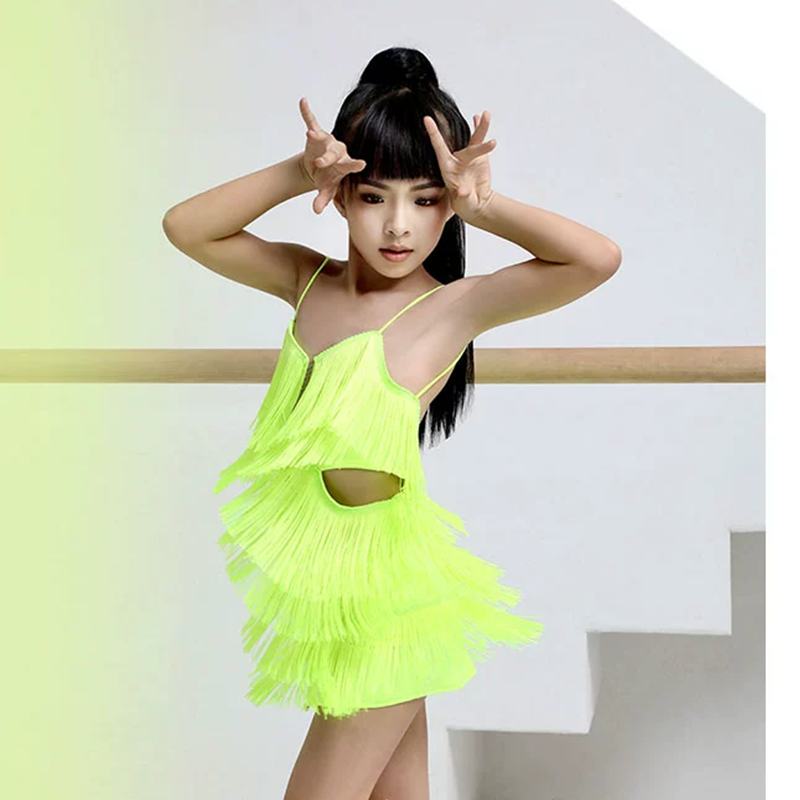 Z Girls Polyester Spaghetti Strap Tassel Latin Dance Dress Dance Wear