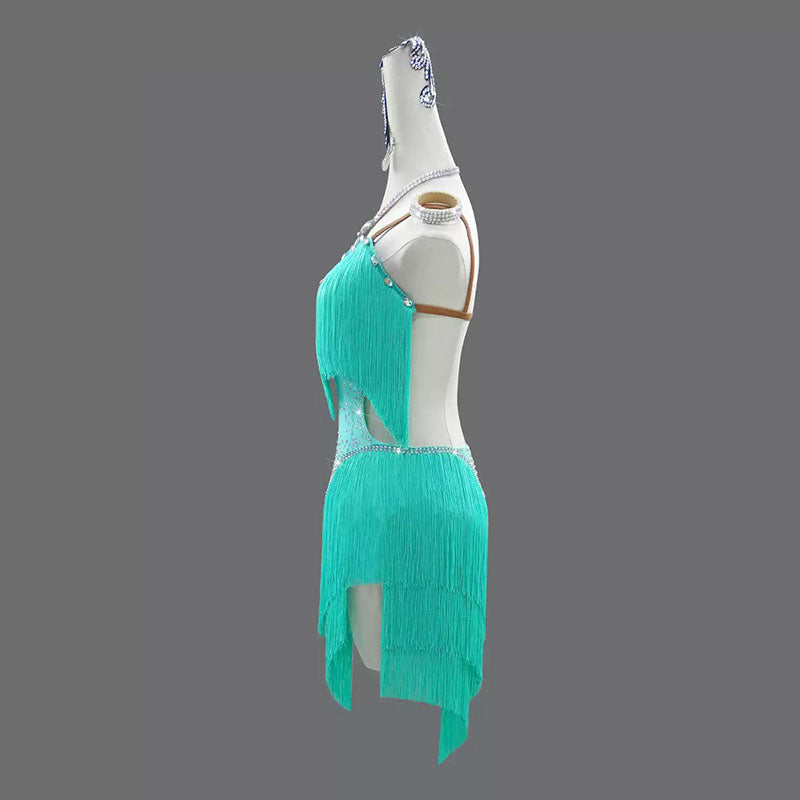 Customisable-Women's MintCream Tassel Latin Dance Dress Professional Dance Stage Performance Wear