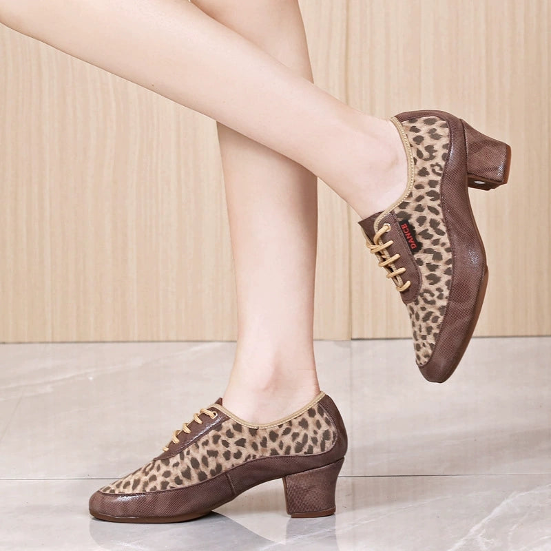KCDANCE Women's Leopard Print Leatherette 5cm Heel Modem With Lace-up Teaching & Practice Dance Shoes Ballroom Dance Shoes