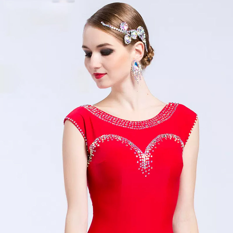 YUN Customisable-Women's Red Sleeveless Diamonds Dress For Ballroom Dancing standard/Smooth Dress