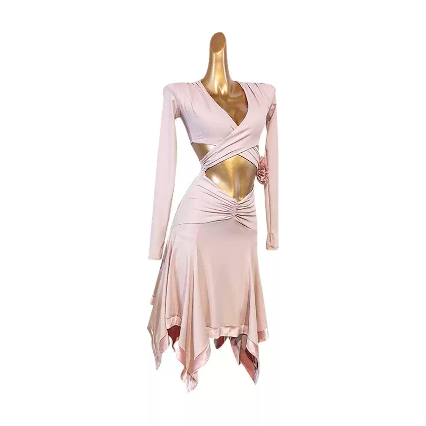 YJFY Women's Pink V Neck Latin Dance Dress Dance Wear Training Performance Dress(With Pink Flower)