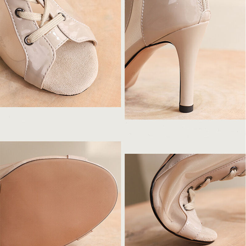Women's Apricot 9cm Slime Heel Rubber Sole Mesh Jazz Shoes Lace-up Open Toe Dance Heels Boots