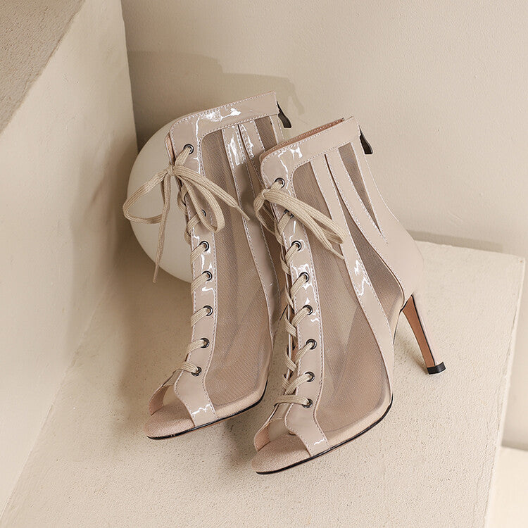 Women's Apricot 9cm Slime Heel Rubber Sole Mesh Jazz Shoes Lace-up Open Toe Dance Heels Boots