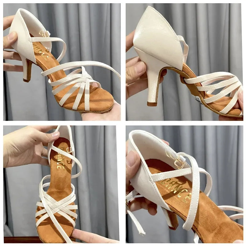 Women's Beige 5.5/6.5/7.5/8cm Heels Satin Strappy Dance Shoes Latin Dance Shoes