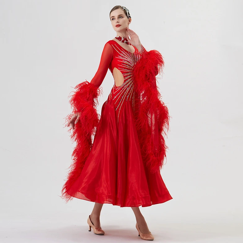 YUN Customisable-Women's Long Sleeve Mesh Round Neck Diamonds Dress For Ballroom Dancing Smooth Dress