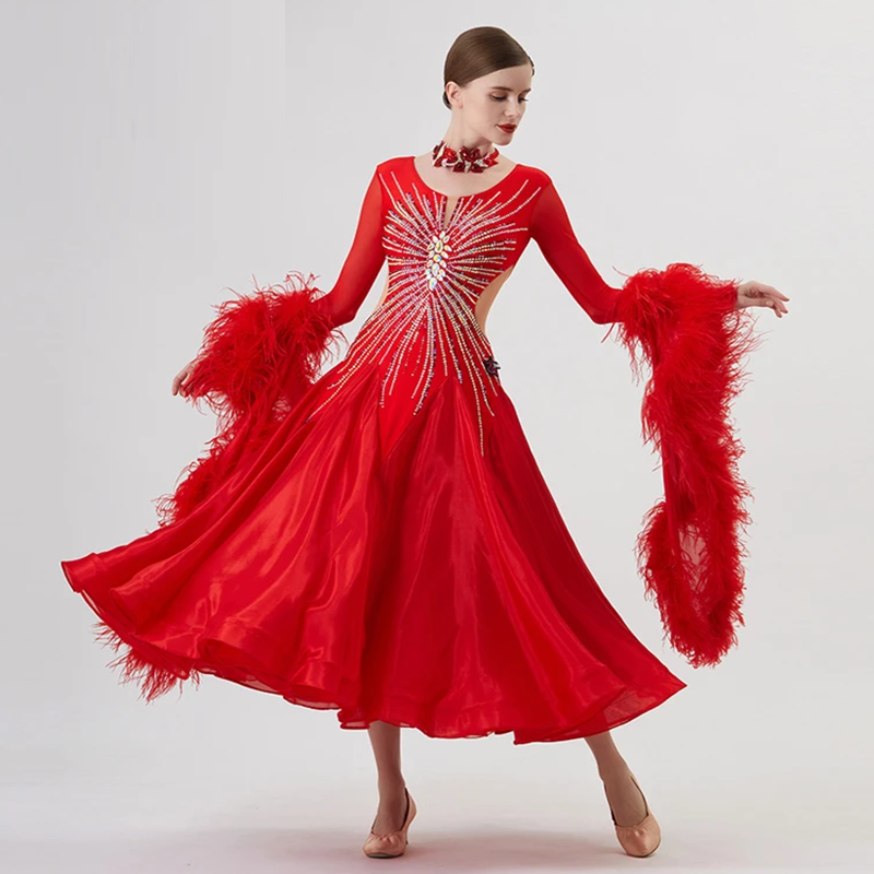 YUN Customisable-Women's Long Sleeve Mesh Round Neck Diamonds Dress For Ballroom Dancing Smooth Dress