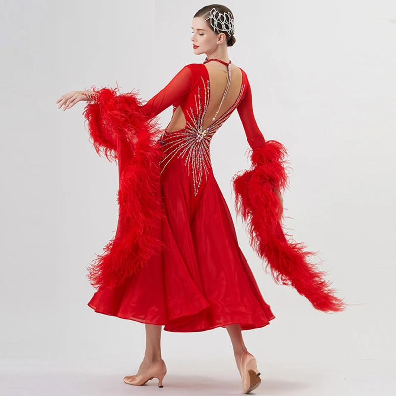 YUN Customisable-Women's Long Sleeve Mesh Round Neck Diamonds Dress For Ballroom Dancing Smooth Dress