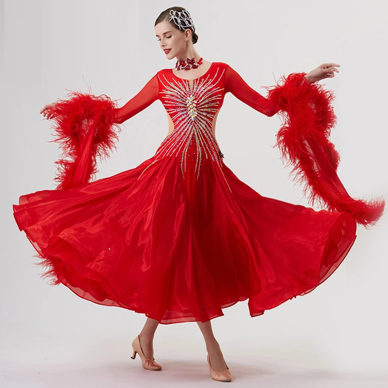 YUN Customisable-Women's Long Sleeve Mesh Round Neck Diamonds Dress For Ballroom Dancing Smooth Dress