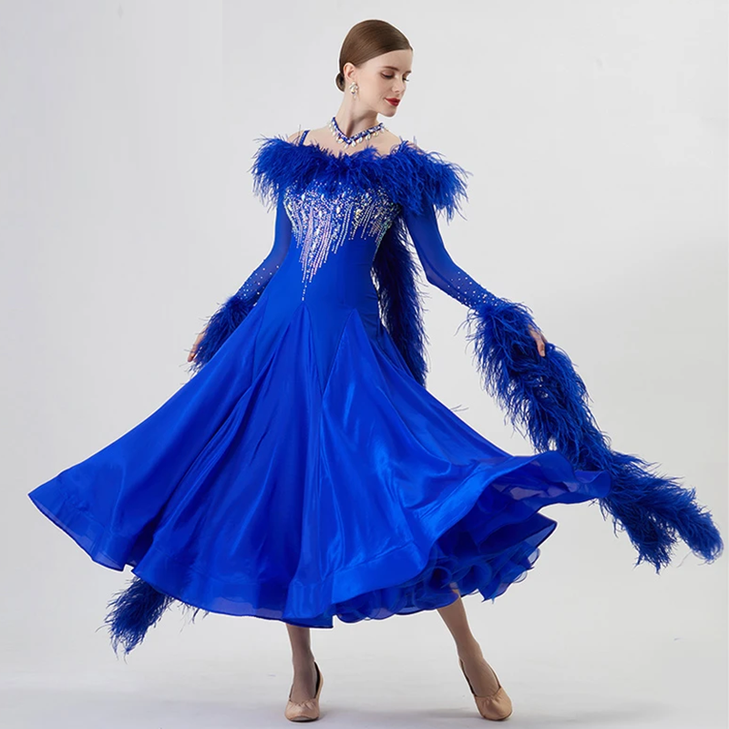 YUN Customisable-Women's Long Sleeve  Backless Diamonds Waltz Modern Ballroom Dance Dress Competition Dresses (With Necklace)