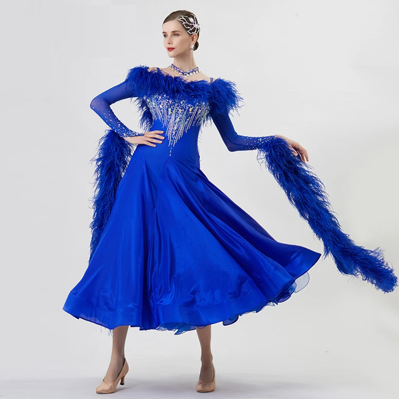 YUN Customisable-Women's Long Sleeve  Backless Diamonds Waltz Modern Ballroom Dance Dress Competition Dresses (With Necklace)