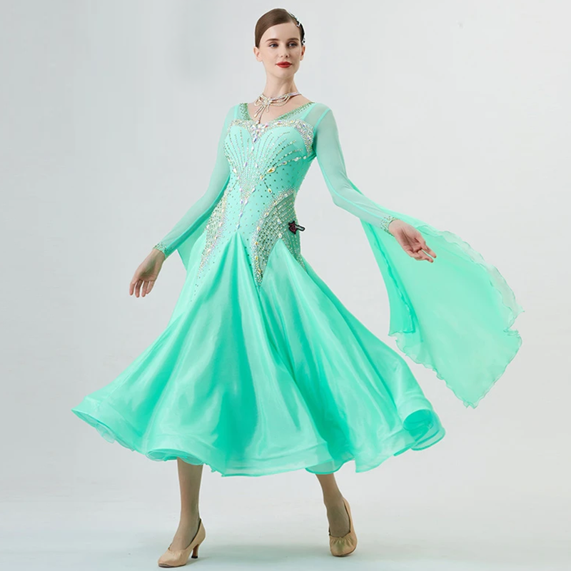 YUN Customisable-Women's Long Sleeve Backless VNeck Diamonds Dress For Ballroom Dancing Smooth Dress