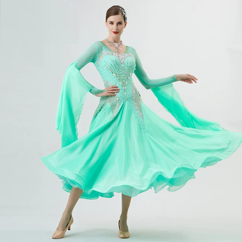 YUN Customisable-Women's Long Sleeve Backless VNeck Diamonds Dress For Ballroom Dancing Smooth Dress