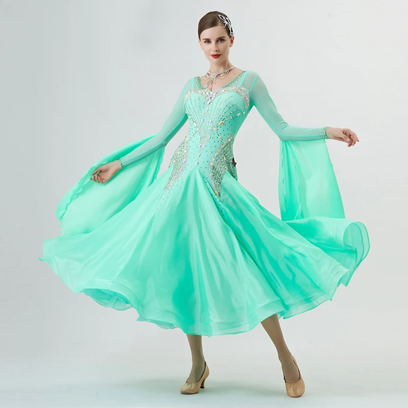 YUN Customisable-Women's Long Sleeve Backless VNeck Diamonds Dress For Ballroom Dancing Smooth Dress