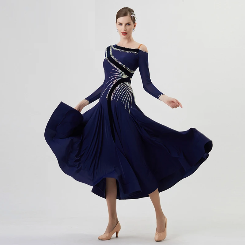 YUN Customisable-Women's Long Sleeve Off Shoulder Diamonds Dress For Ballroom Dancing standard/Smooth Dress
