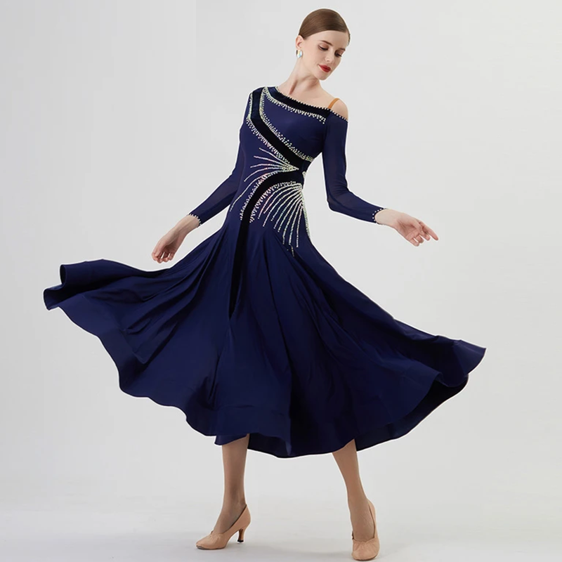 YUN Customisable-Women's Long Sleeve Off Shoulder Diamonds Dress For Ballroom Dancing standard/Smooth Dress
